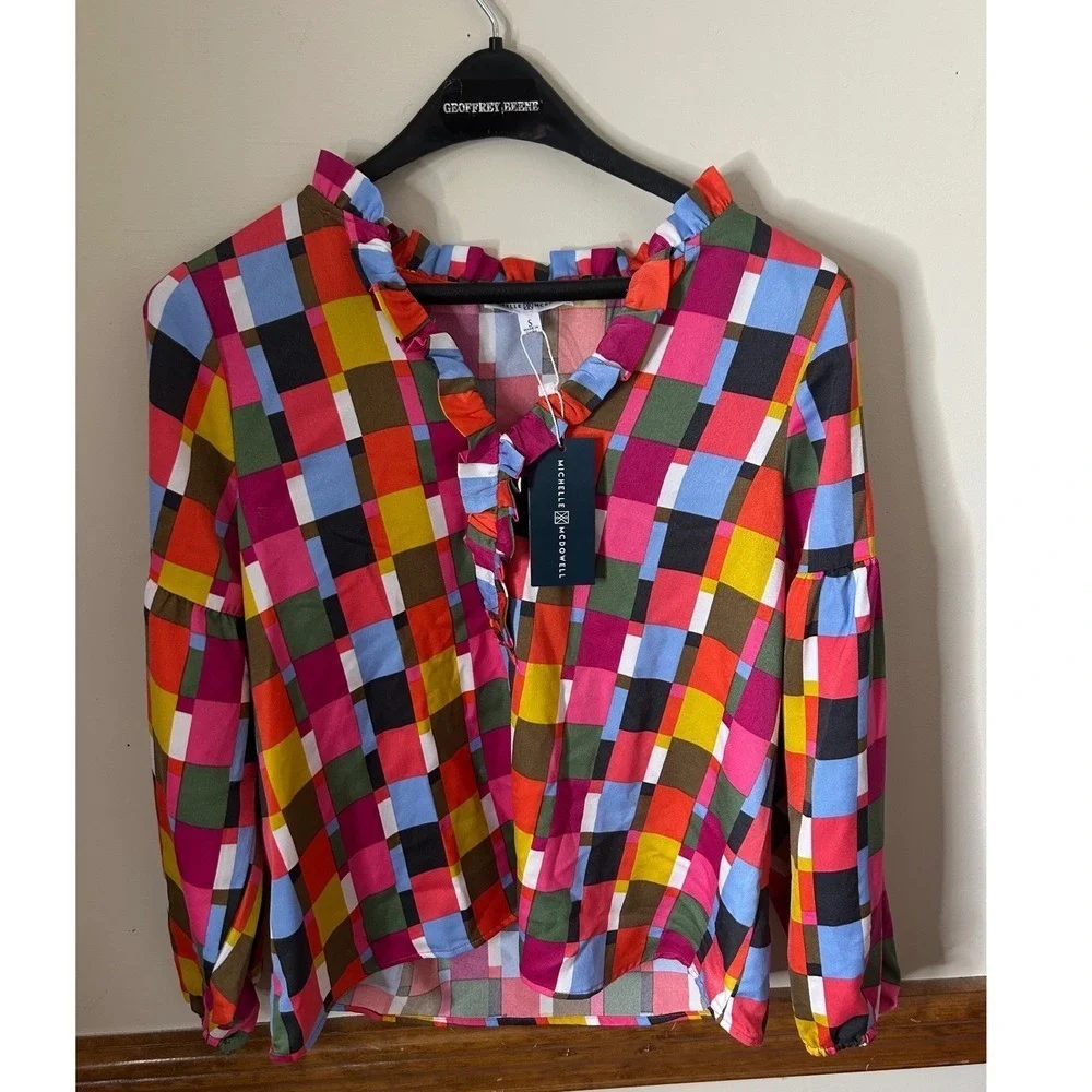 Michelle McDowell Ruffle Neck Blouse Women S‎ Multicolor NEW Patchwork Geometric